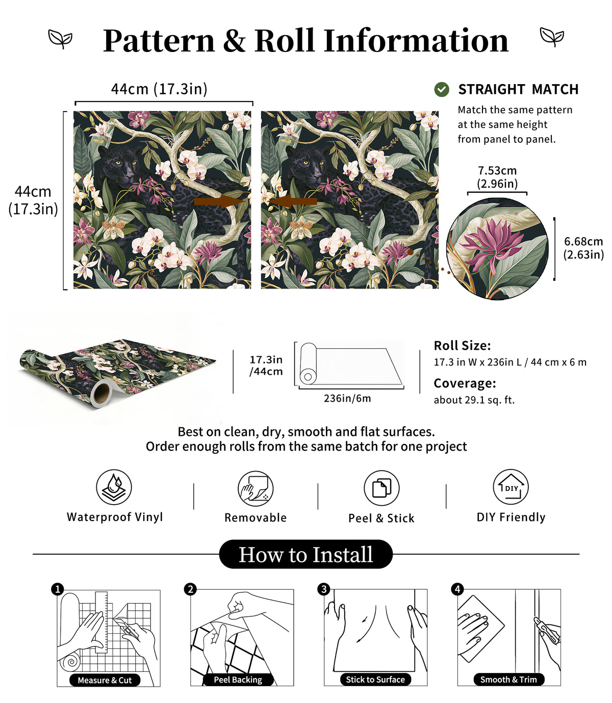 HaokHome dark botanical peel and stick wallpaper pattern info, size and installation guide chart