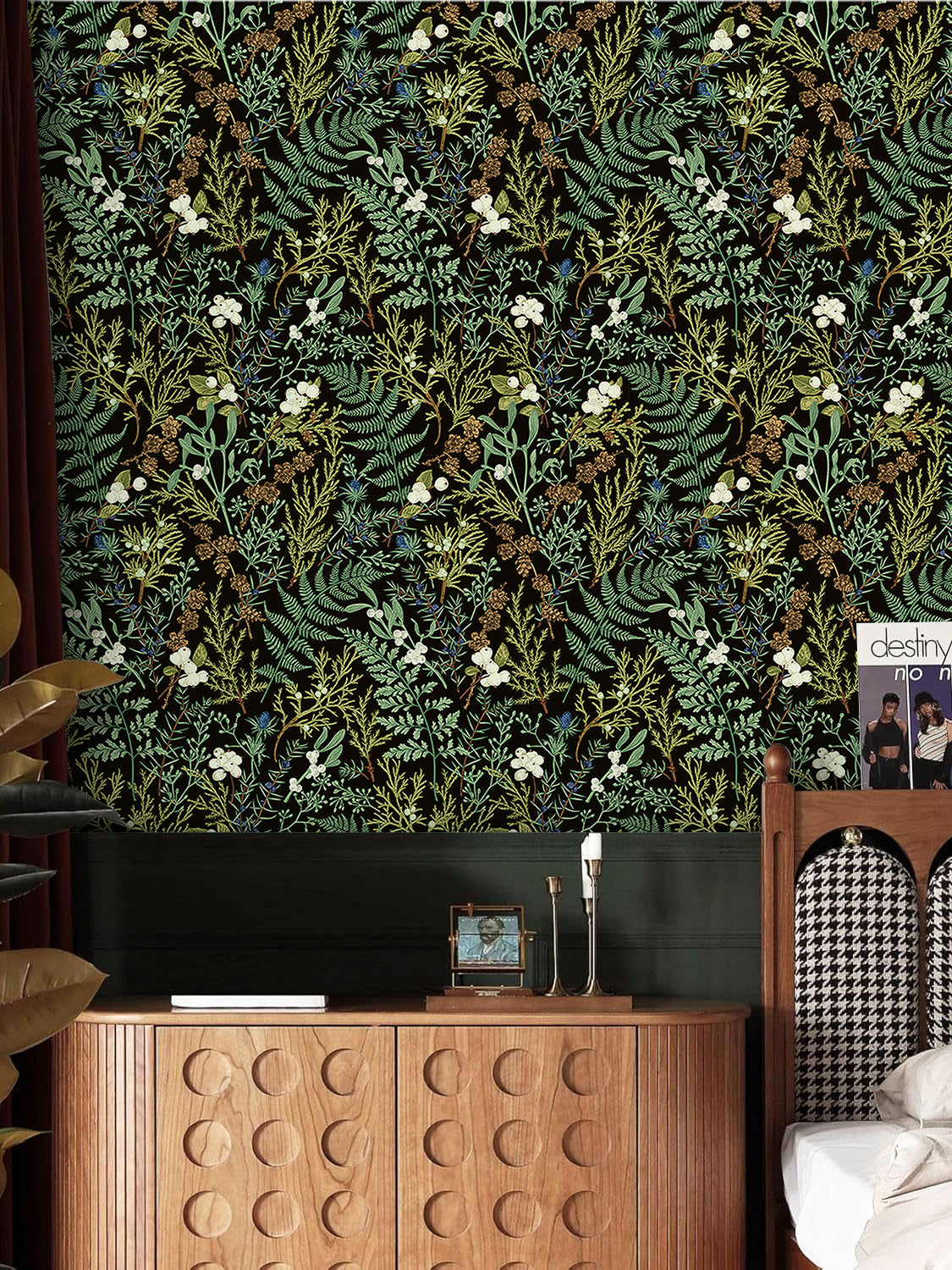 HaokHome dark botanical self adhesive wallpaper, vintage wildflower wall decor for living room