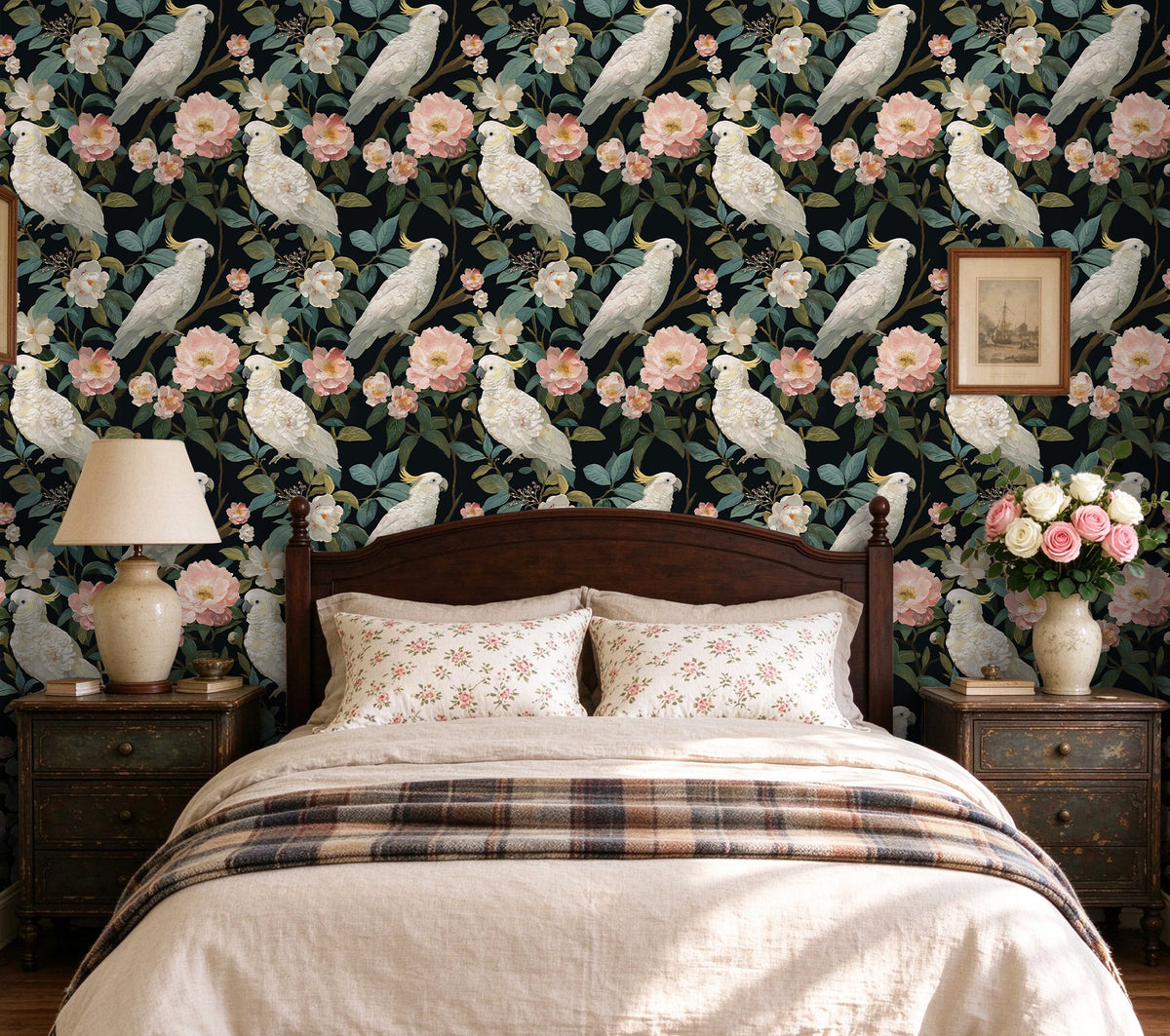 HaokHome dark cockatoo floral peel and stick wallpaper for bedroom, vintage botanical wall decor with parrots and camellias