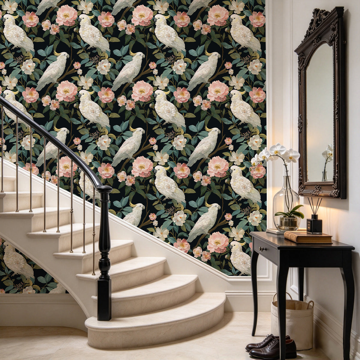 HaokHome dark floral cockatoo removable wallpaper for staircase wall, tropical bird botanical wall covering