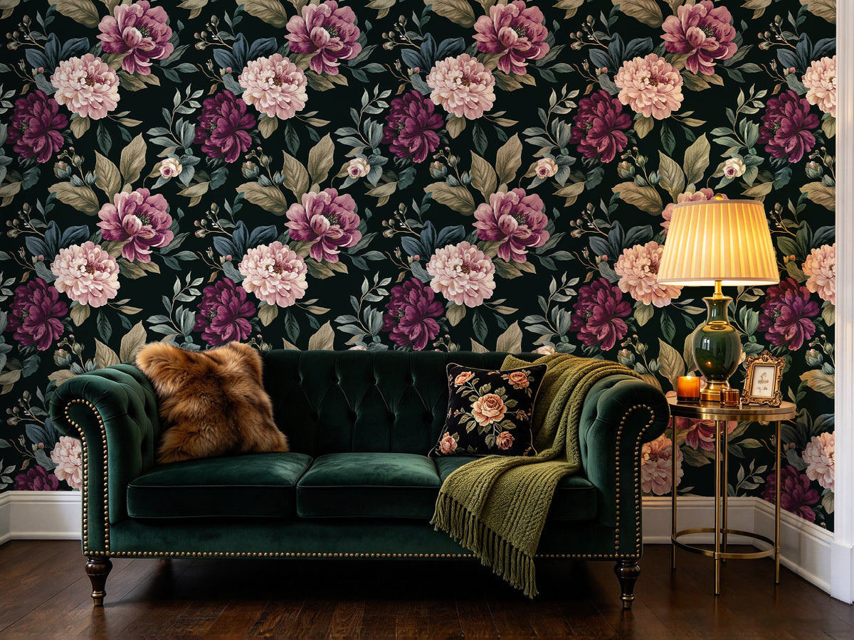 HaokHome dark floral peony removable wallpaper for living room sofa accent wall