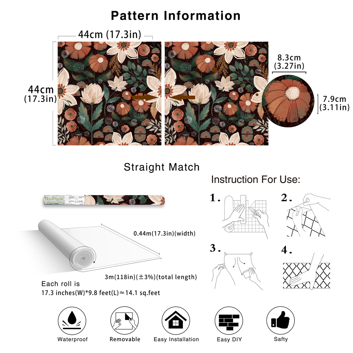 HaokHome dark floral wallpaper specification sheet, pattern match and installation guide