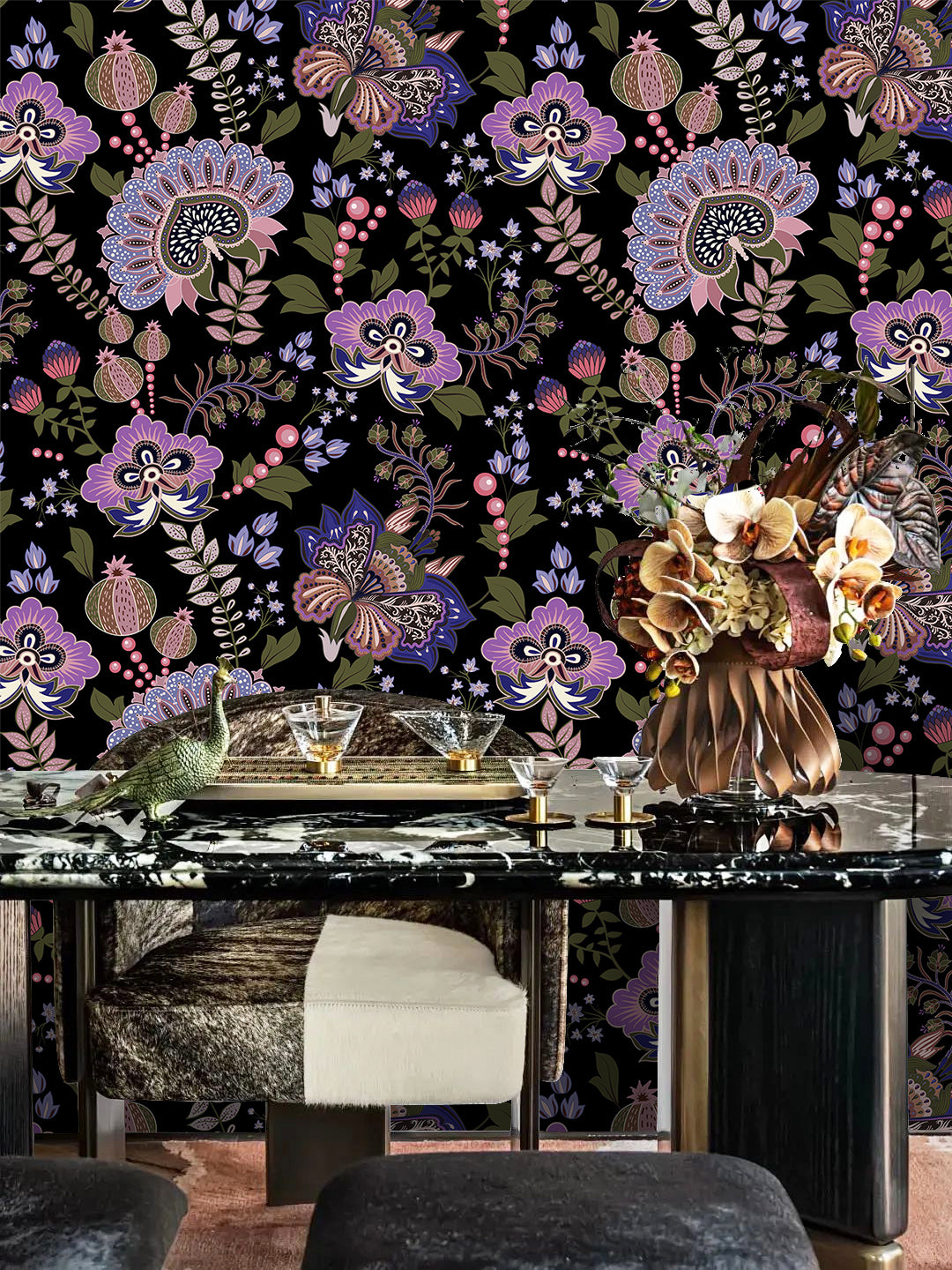 HaokHome dark folk floral self-adhesive wallpaper, purple bloom accent wall for dining room