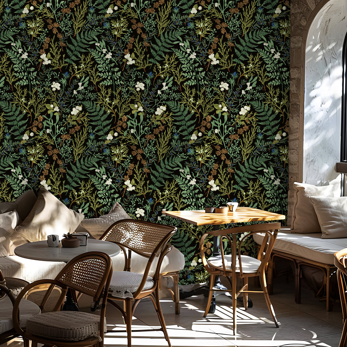 HaokHome dark green botanical peel and stick wallpaper, vintage fern floral wall covering for dining room accent wall decor