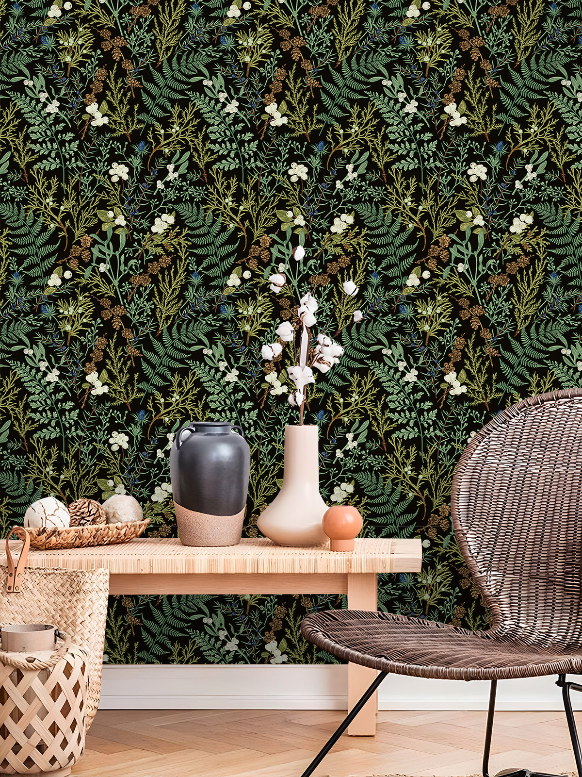 HaokHome dark green fern floral peel and stick wallpaper, cottagecore wall covering for entryway