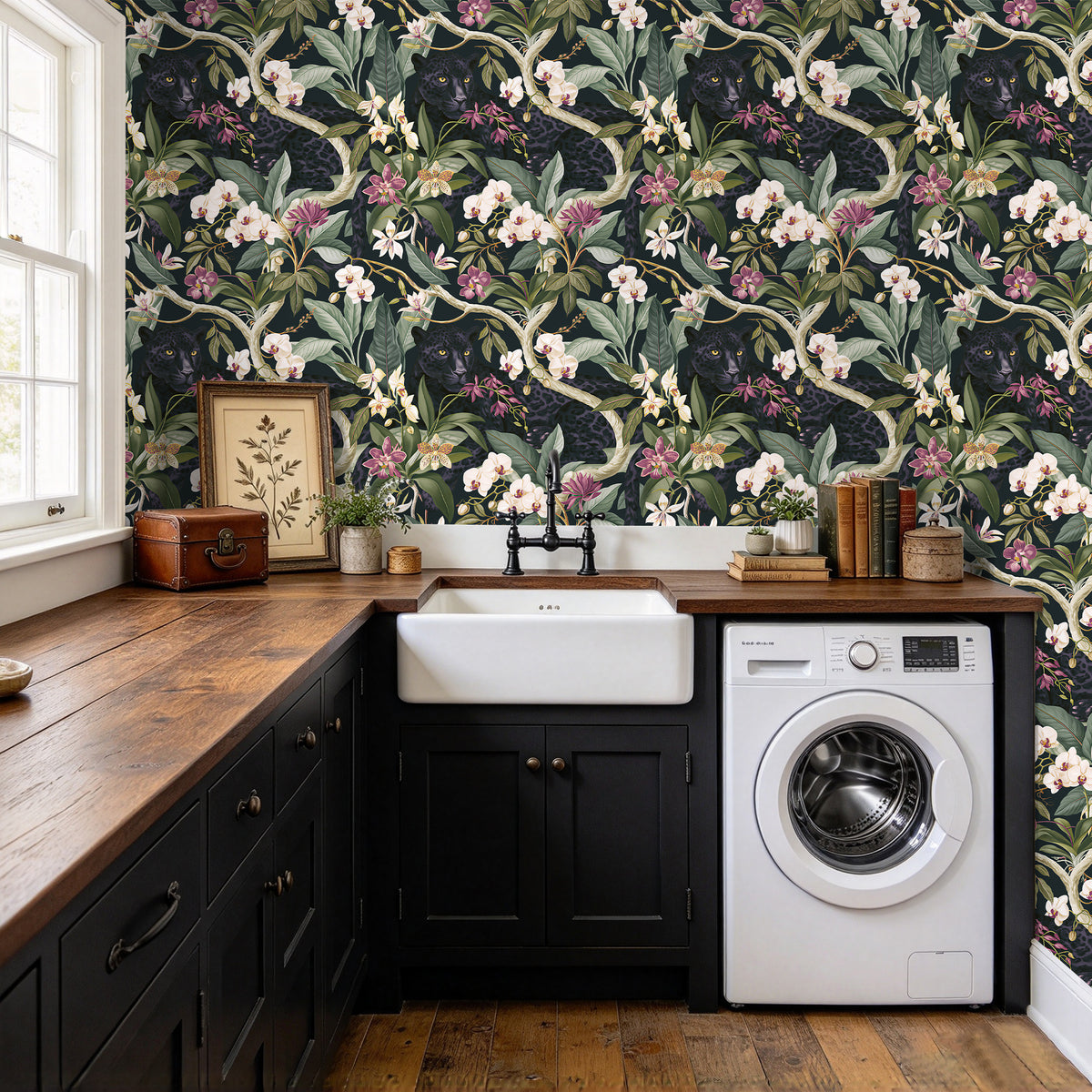 HaokHome dark green floral self-adhesive wallpaper for laundry room and utility space makeover