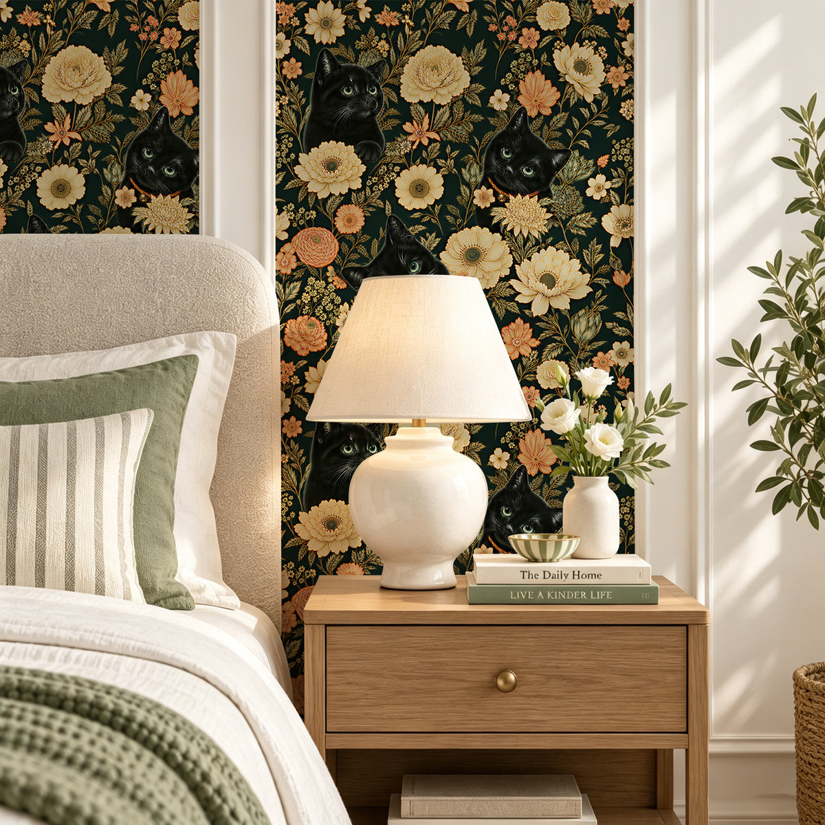 HaokHome dark green wildflower peel and stick wallpaper with hidden black cat, cottage bedroom wall decor
