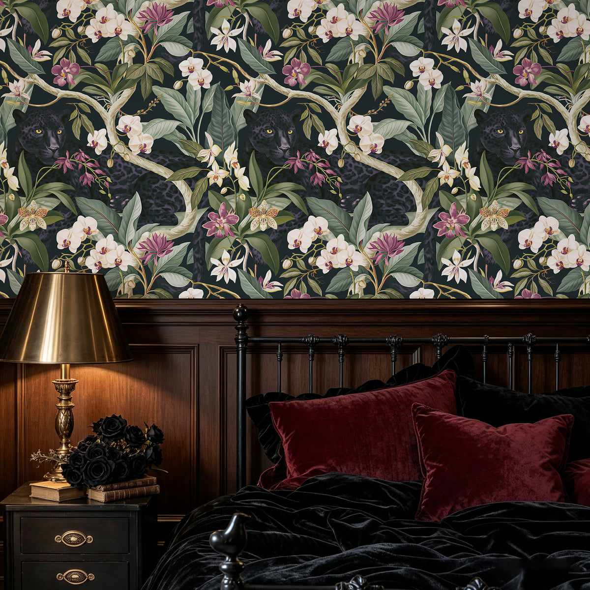 HaokHome dark moody botanical peel and stick wallpaper for dramatic bedroom accent wall