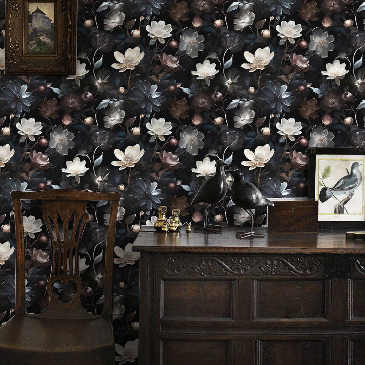 HaokHome dark moody floral peel and stick wallpaper, black wall with creamy white magnolia flowers, vintage home office desk decor
