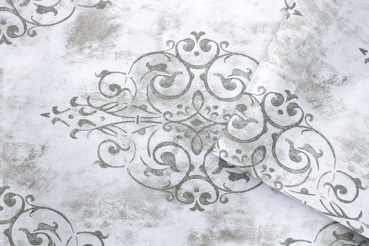HaokHome distressed damask wallpaper texture closeup, vintage scroll pattern detail