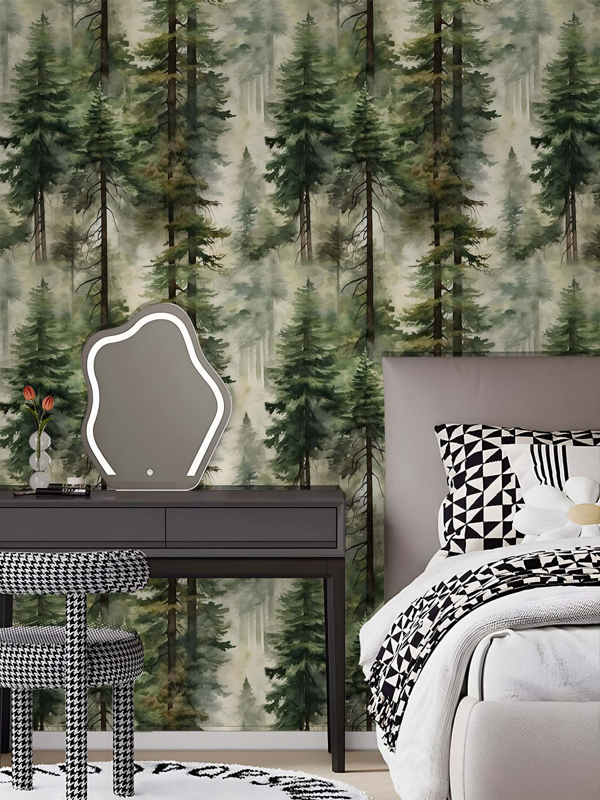 HaokHome forest pine tree peel and stick wallpaper, green woodland mural for bedroom accent wall