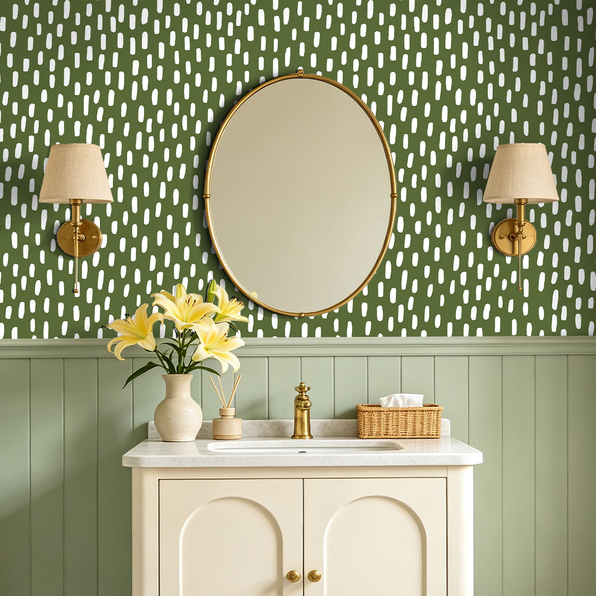 HaokHome green dashed self-adhesive wallpaper, vintage bathroom half wall decor, waterproof peel and stick wall covering