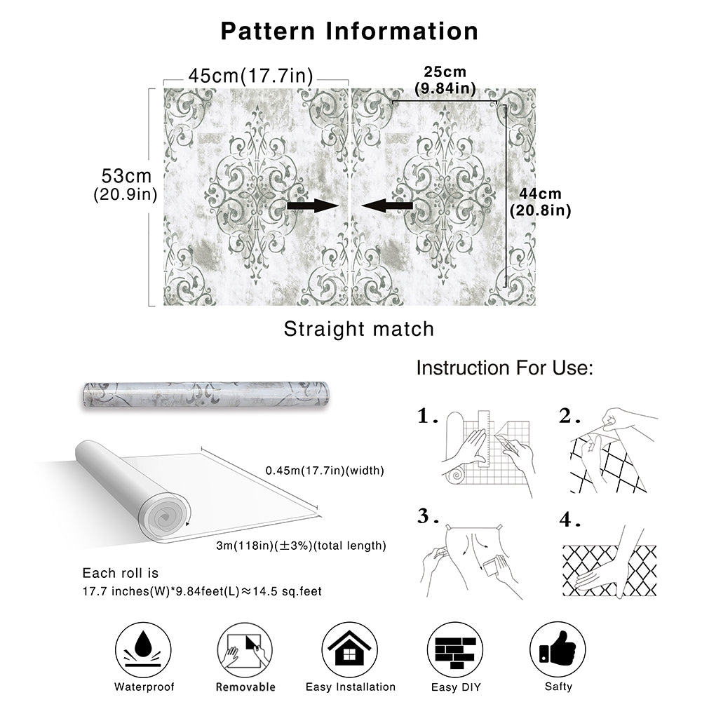 HaokHome grey damask wallpaper specification chart, pattern match and installation guide