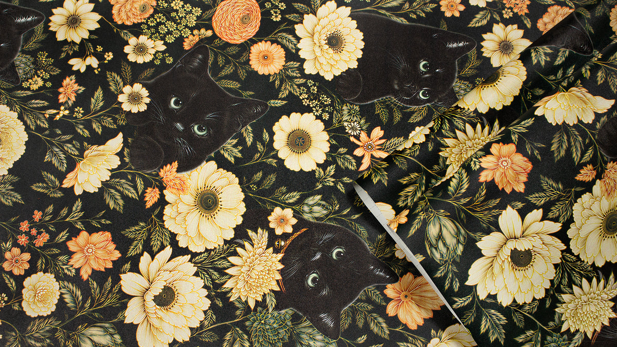 HaokHome hidden black cat floral wallpaper close up, peel and stick texture detail