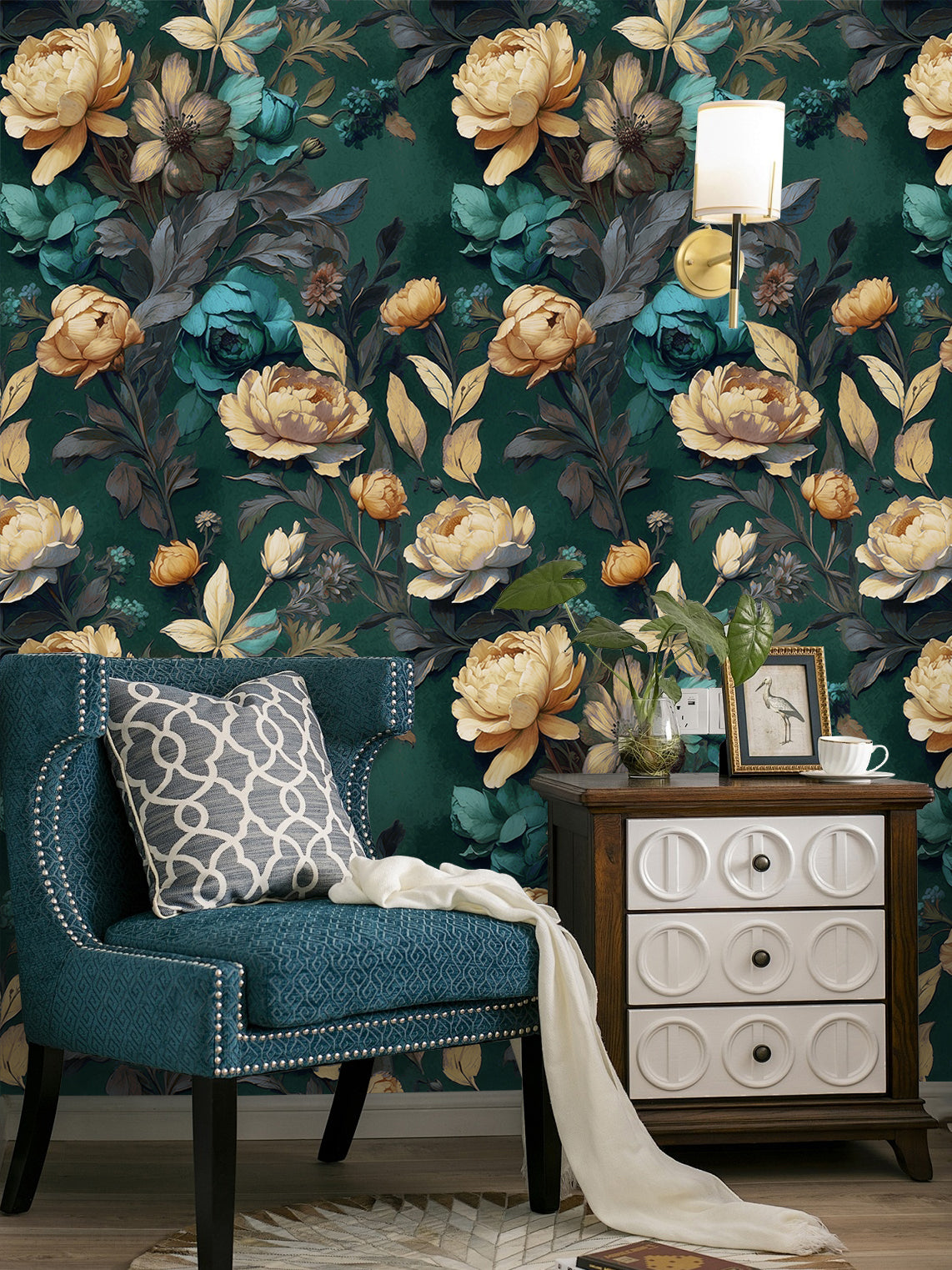 HaokHome intage Floral Wallpaper Golden Peonies Teal Roses on Deep Green for Classic Elegant Interiors