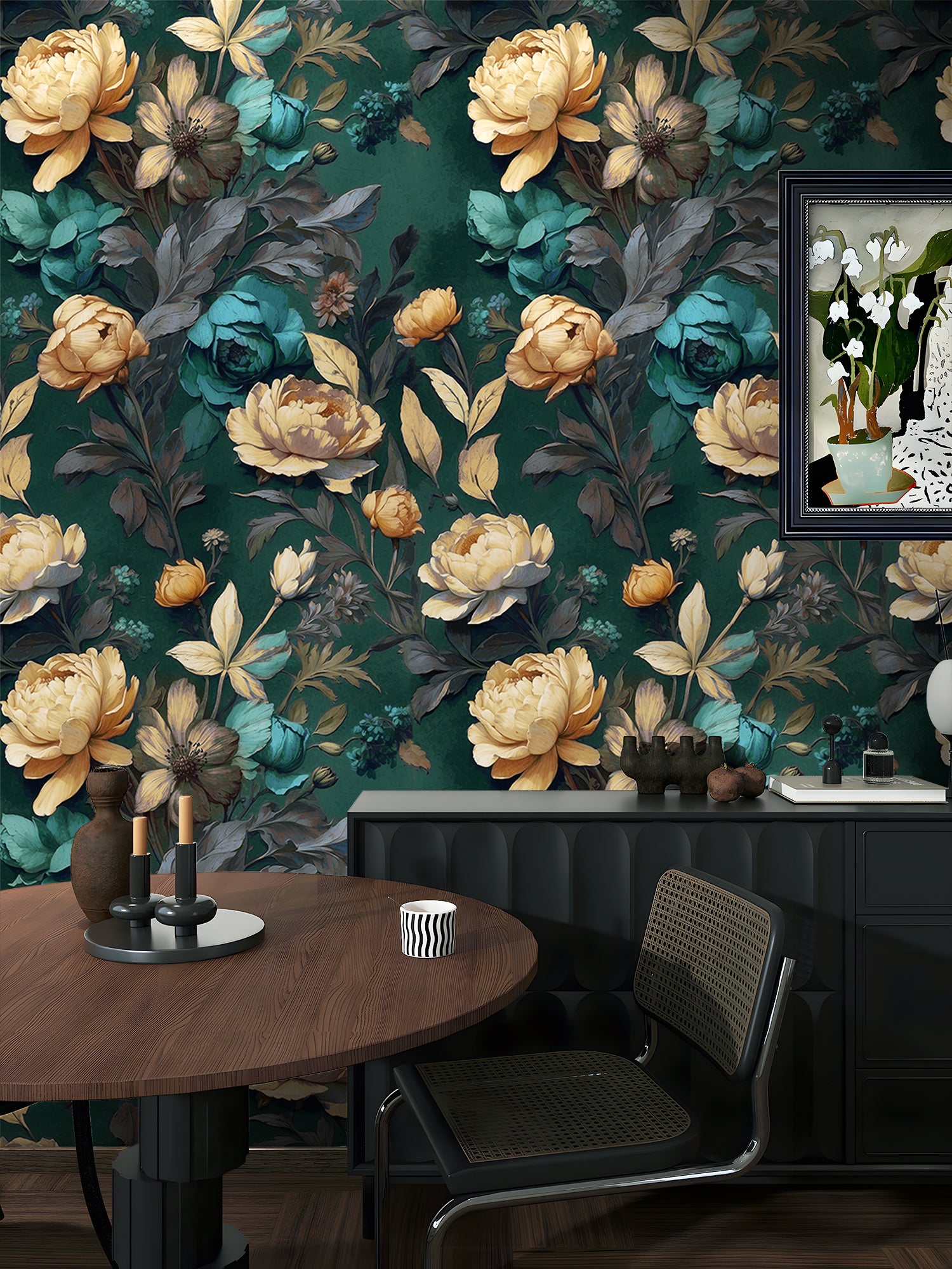 HaokHome intage Floral Wallpaper Golden Peonies Teal Roses on Deep Green for Classic Elegant Interiors