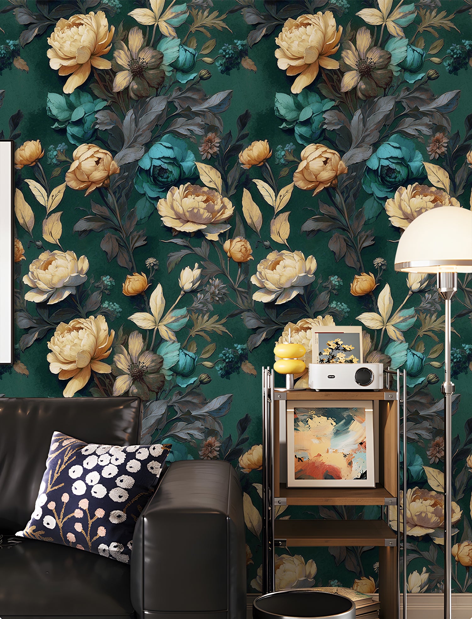HaokHome intage Floral Wallpaper Golden Peonies Teal Roses on Deep Green for Classic Elegant Interiors