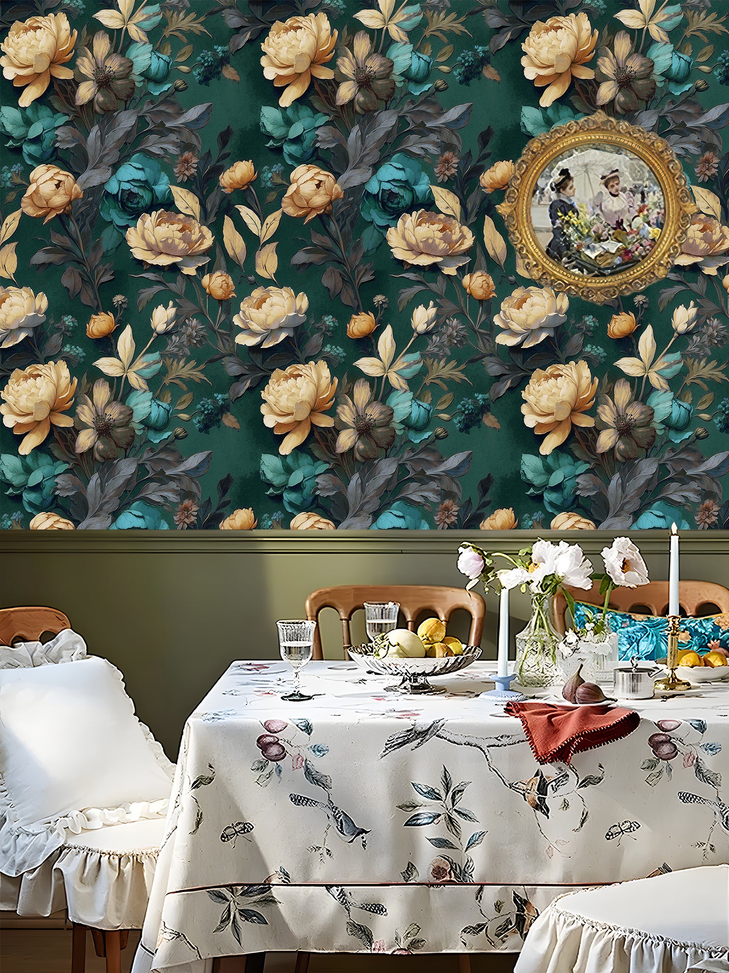 HaokHome intage Floral Wallpaper Golden Peonies Teal Roses on Deep Green for Classic Elegant Interiors