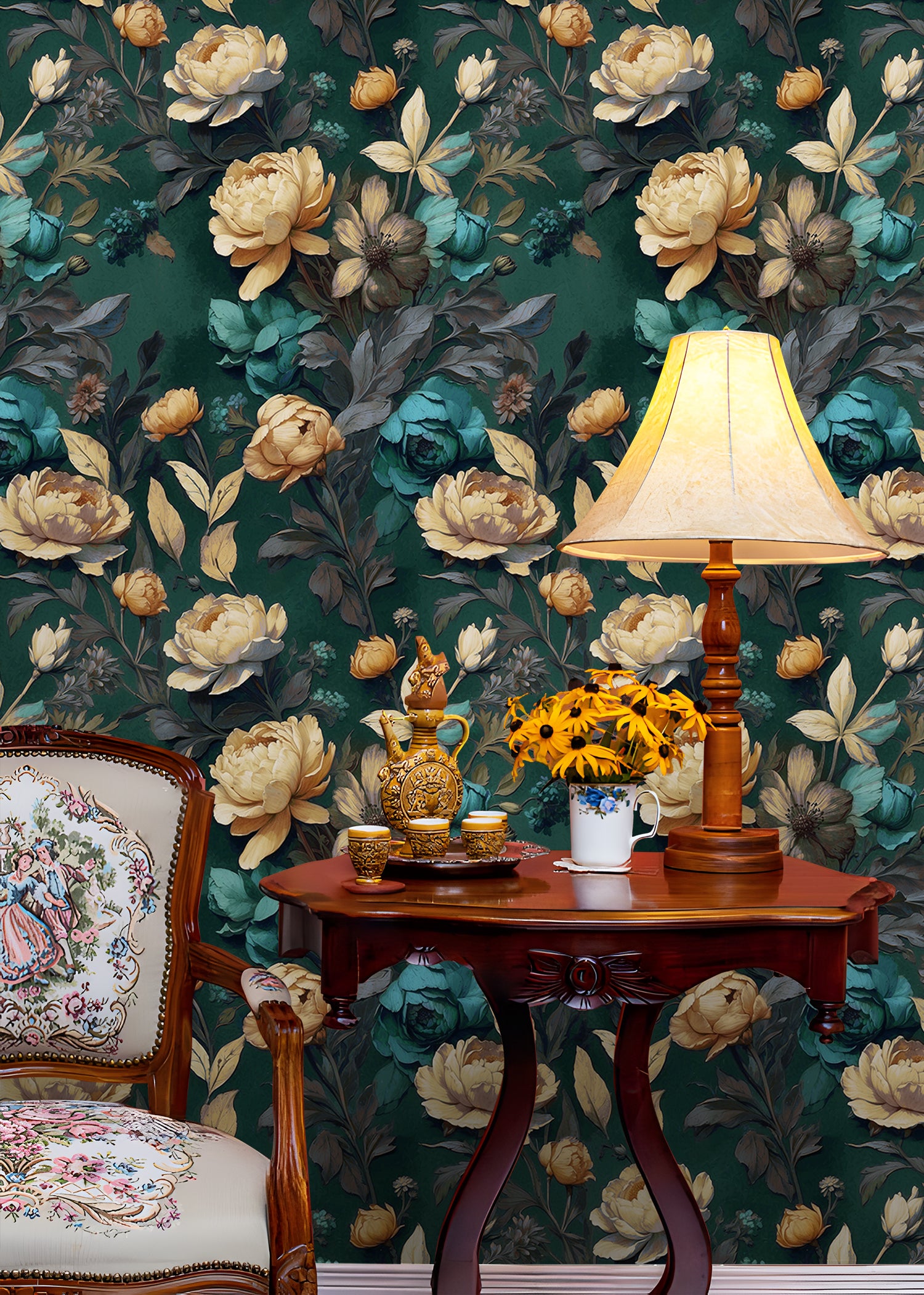 HaokHome intage Floral Wallpaper Golden Peonies Teal Roses on Deep Green for Classic Elegant Interiors