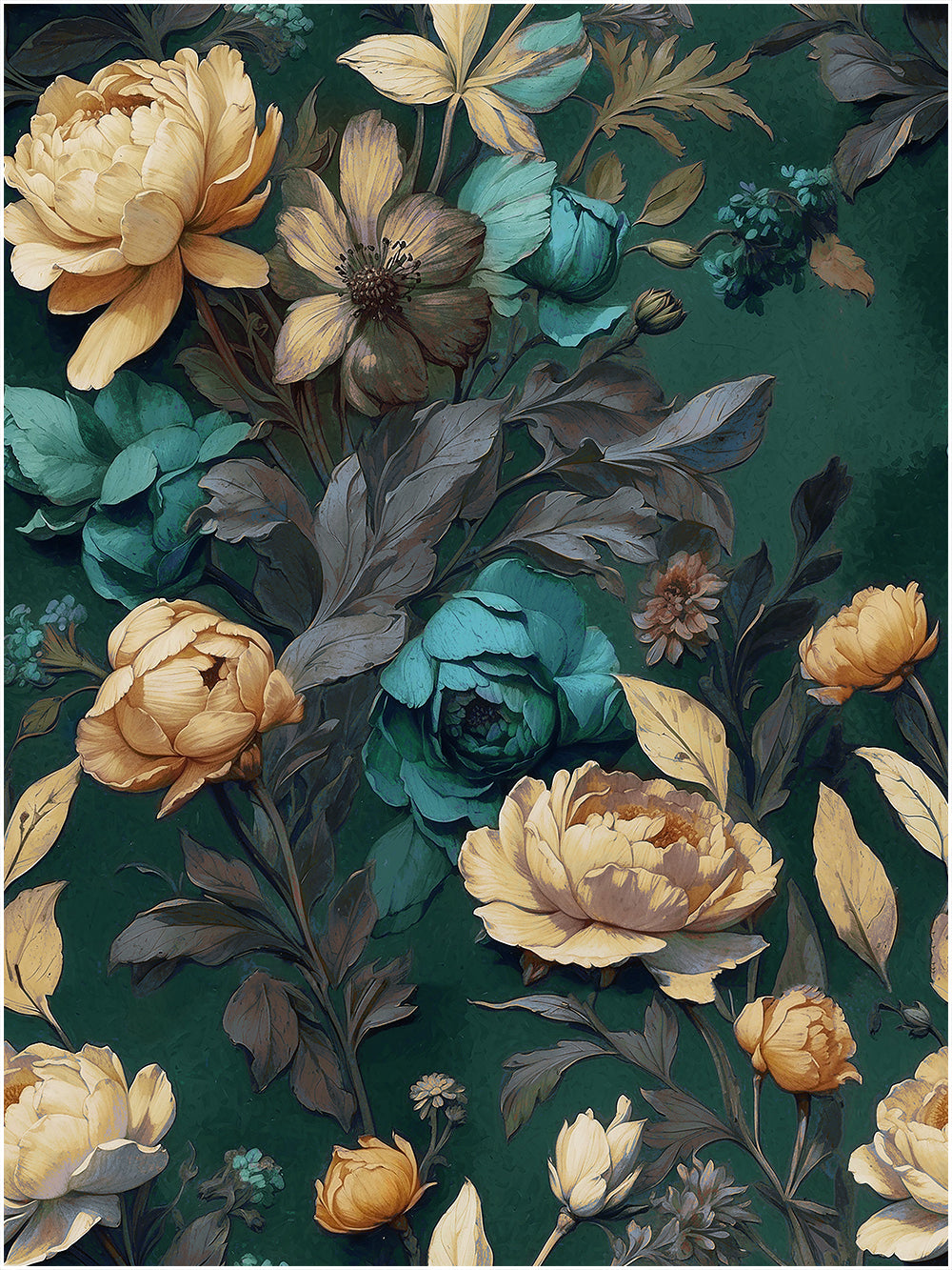 HaokHome intage Floral Wallpaper Golden Peonies Teal Roses on Deep Green for Classic Elegant Interiors