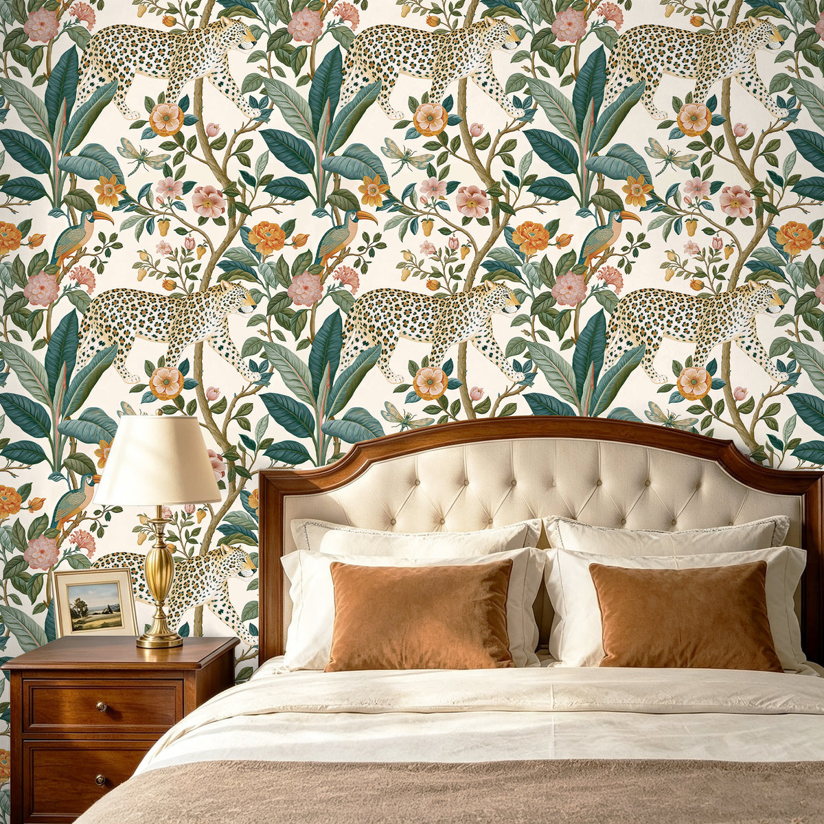 HaokHome jungle leopard floral removable wallpaper in classic bedroom, vintage botanical wall decor