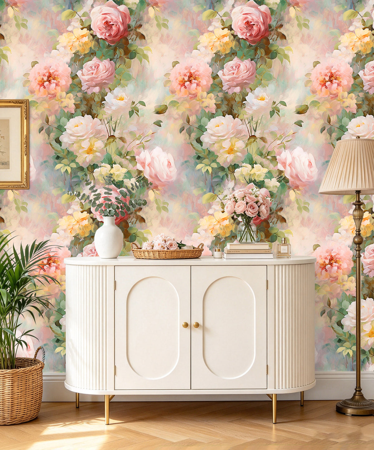 HaokHome large blooming rose removable wallpaper, romantic floral wall mural for entryway cabinet backdrop
