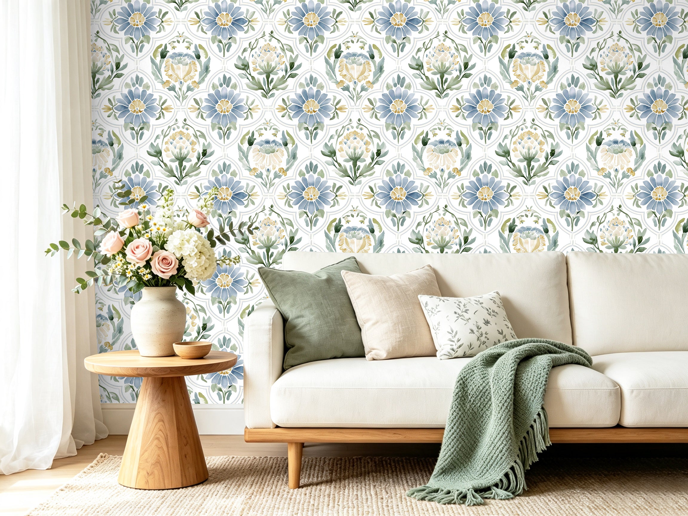HaokHome living room with sofa, decorated by soft blue floral removable accent wallpaper