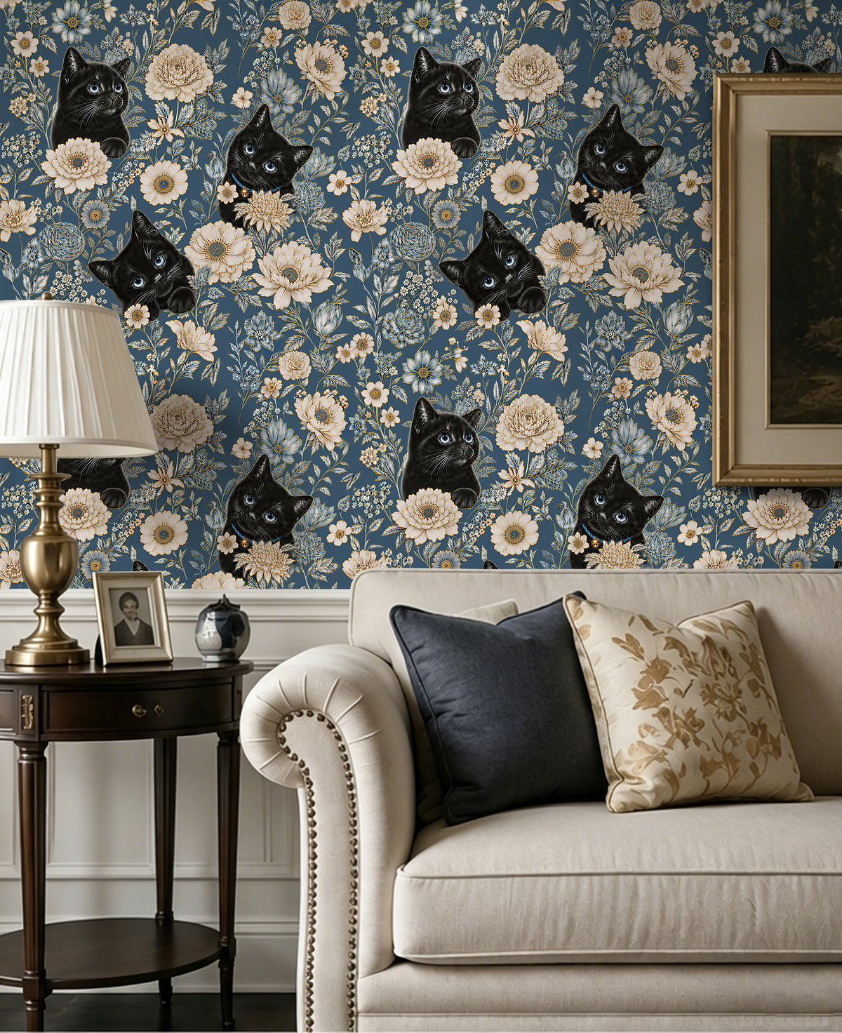 HaokHome moody blue cat flower peel and stick wallpaper, elegant sofa side wall