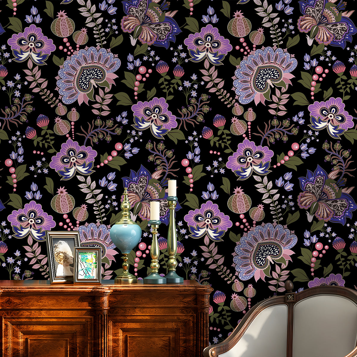 HaokHome moody bohemian floral peel and stick wallpaper, dark flower wall behind wooden entry cabinet