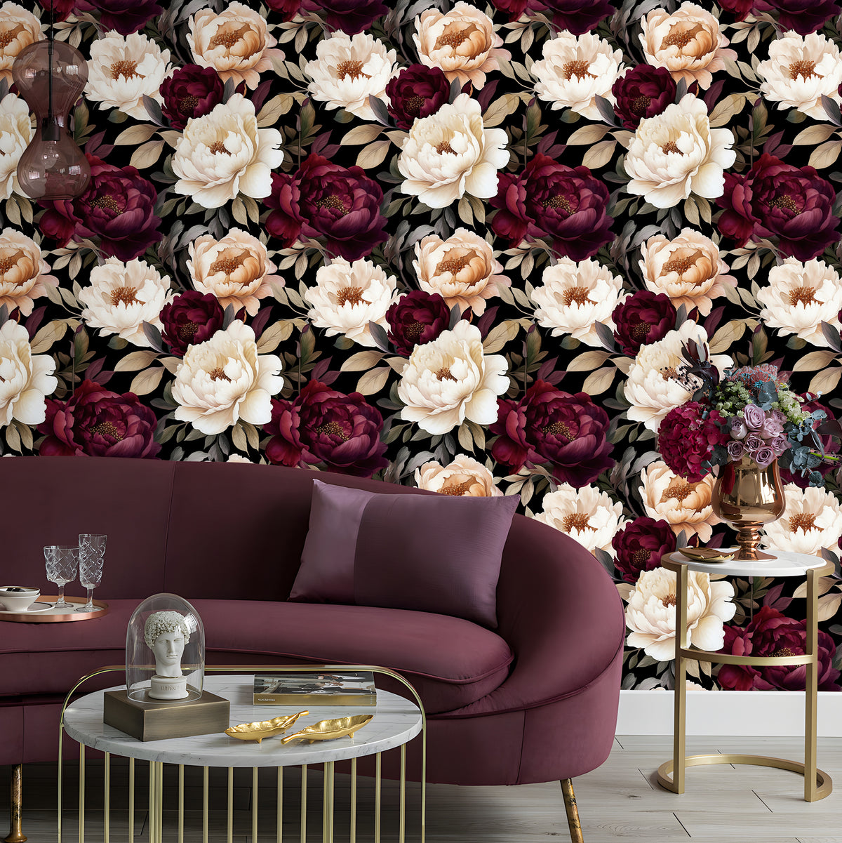 HaokHome moody floral peel and stick wallpaper, living room accent wall with burgundy sofa