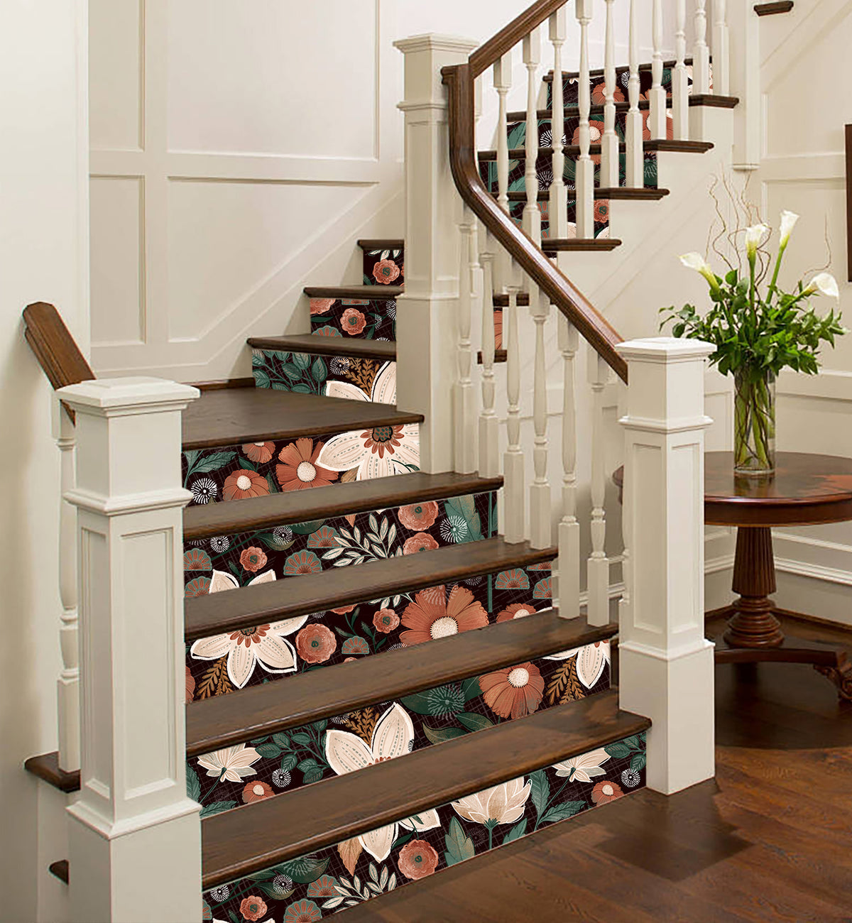 HaokHome moody floral wallpaper, vintage flower pattern for staircase accent wall