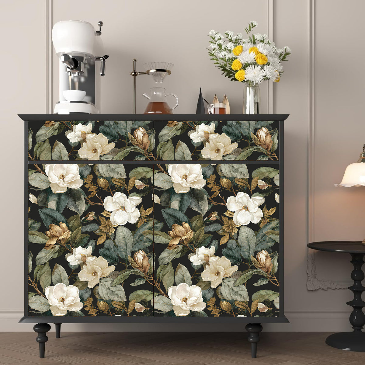 HaokHome moody magnolia floral self-adhesive wallpaper, peel and stick wall covering for dresser cabinet makeover, dark background white flower pattern for furniture renovation