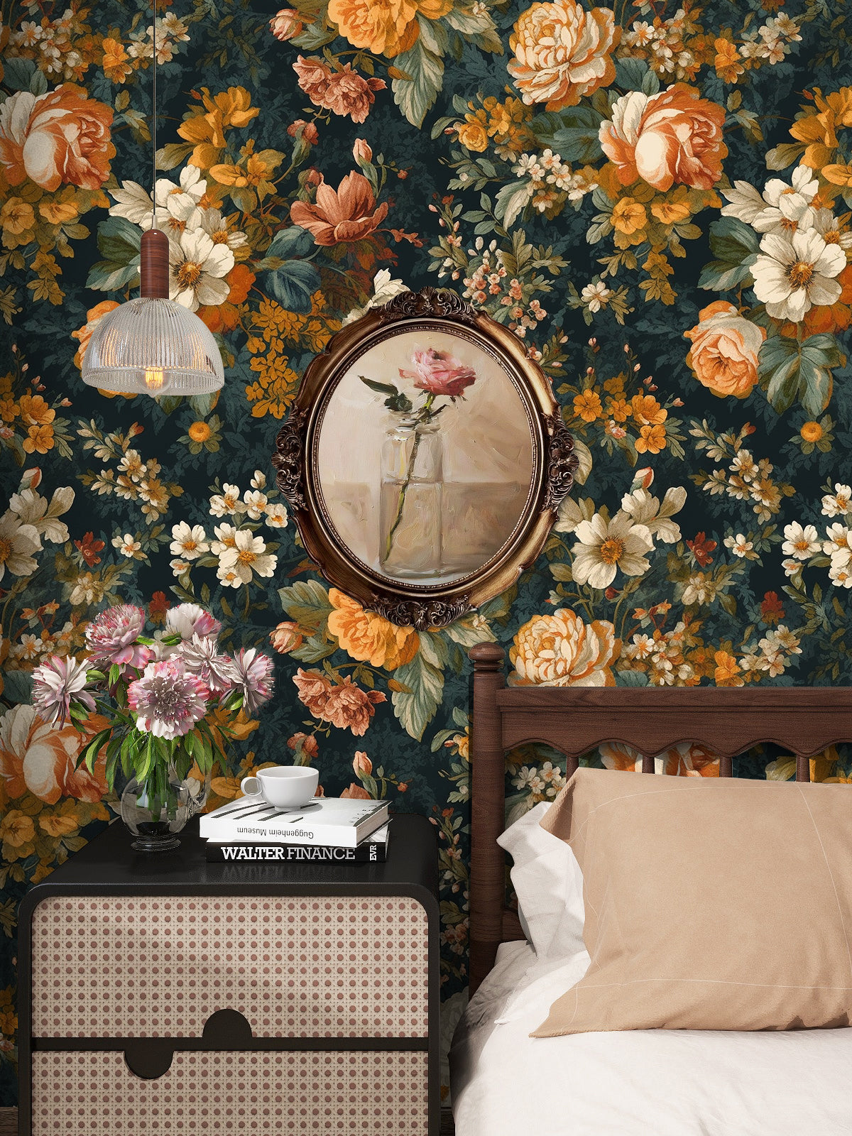 HaokHome moody vintage floral removable wallpaper, dark teal background with warm peony blooms, peel and stick wall covering for bedroom accent wall decor
