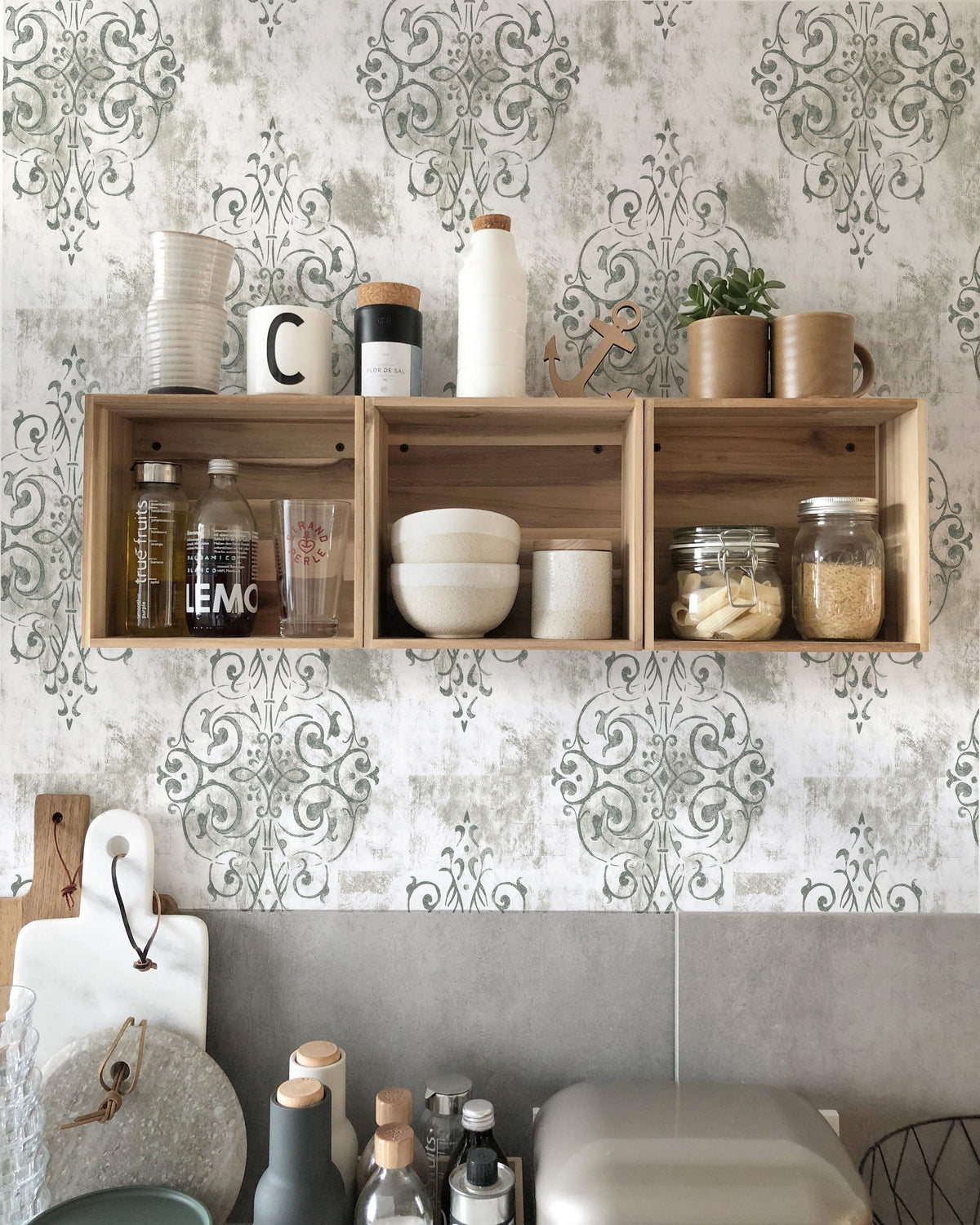 HaokHome muted grey damask removable wallpaper, stylish vintage wall decor for kitchen