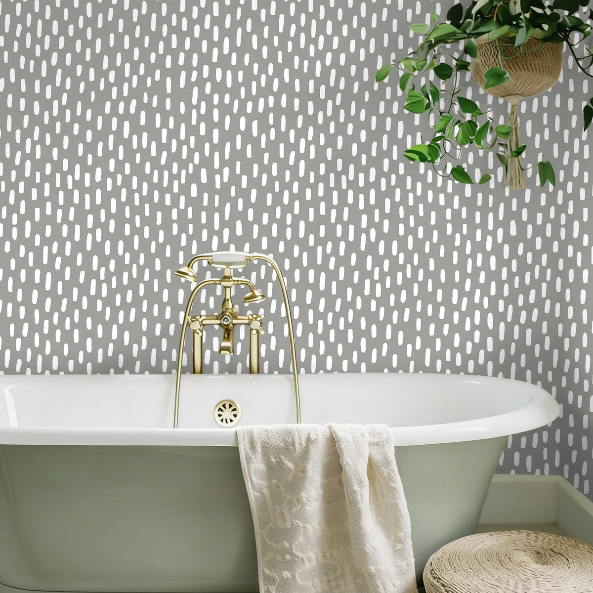 HaokHome muted grey dash peel and stick wallpaper, vintage bathroom with clawfoot tub, water-resistant wall decor for wet spaces