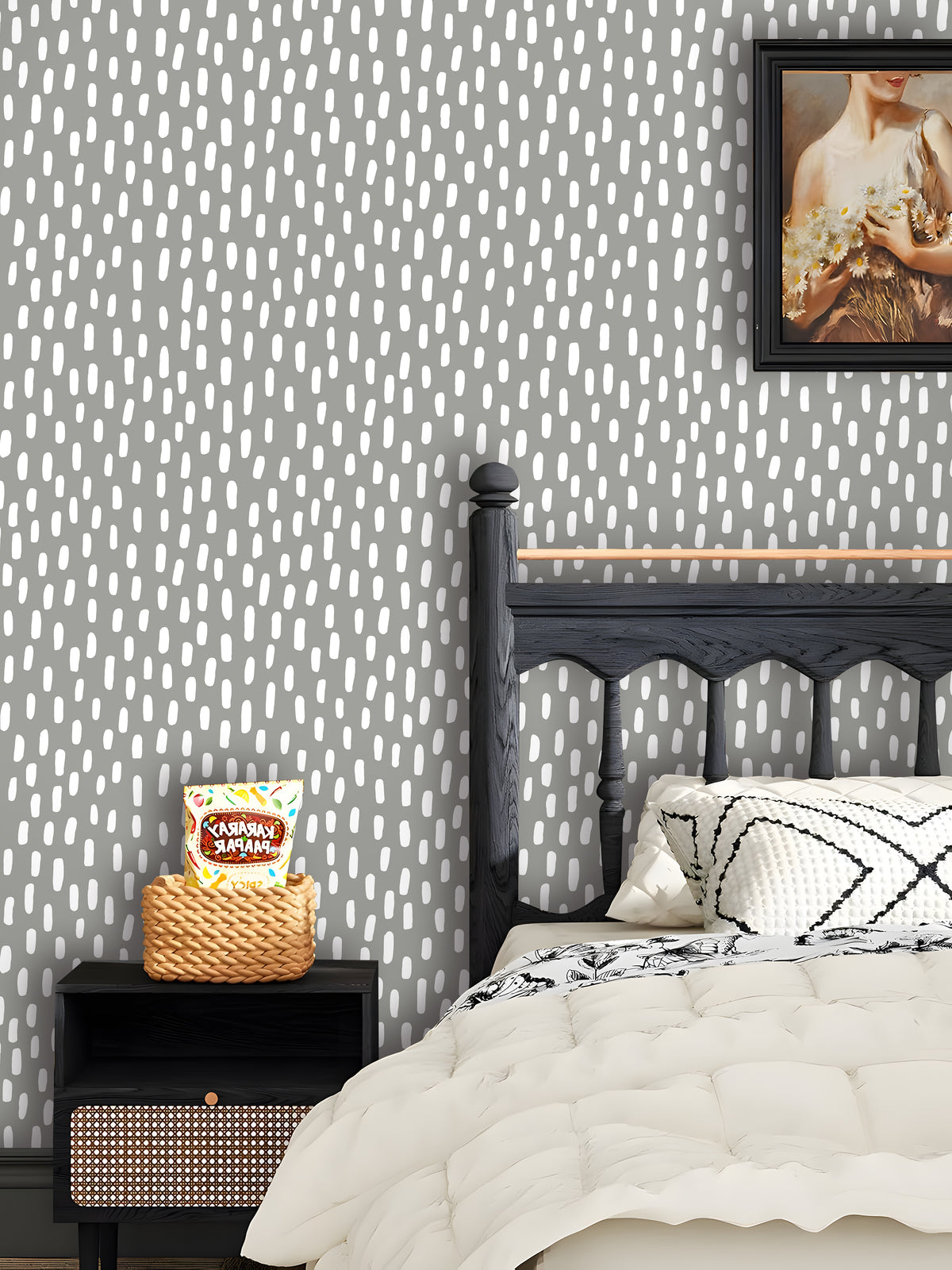 HaokHome muted grey dash removable wallpaper, cozy master bedroom accent wall, modern cottage bedroom interior makeover