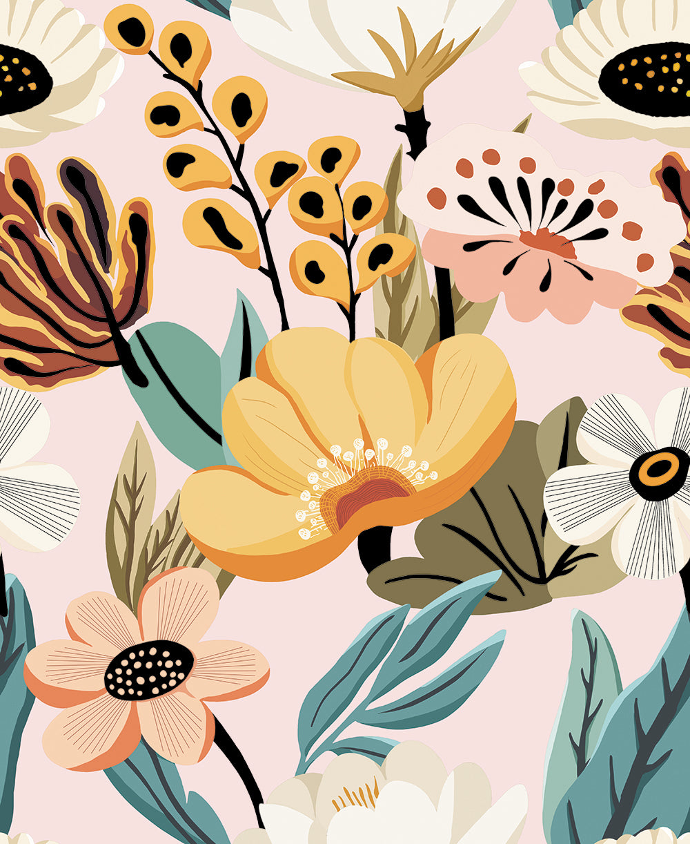 HaokHome neutral floral peel and stick wallpaper, soft pink boho wildflower removable wallpaper, light tone botanical wall decor for bedroom apartment rental
