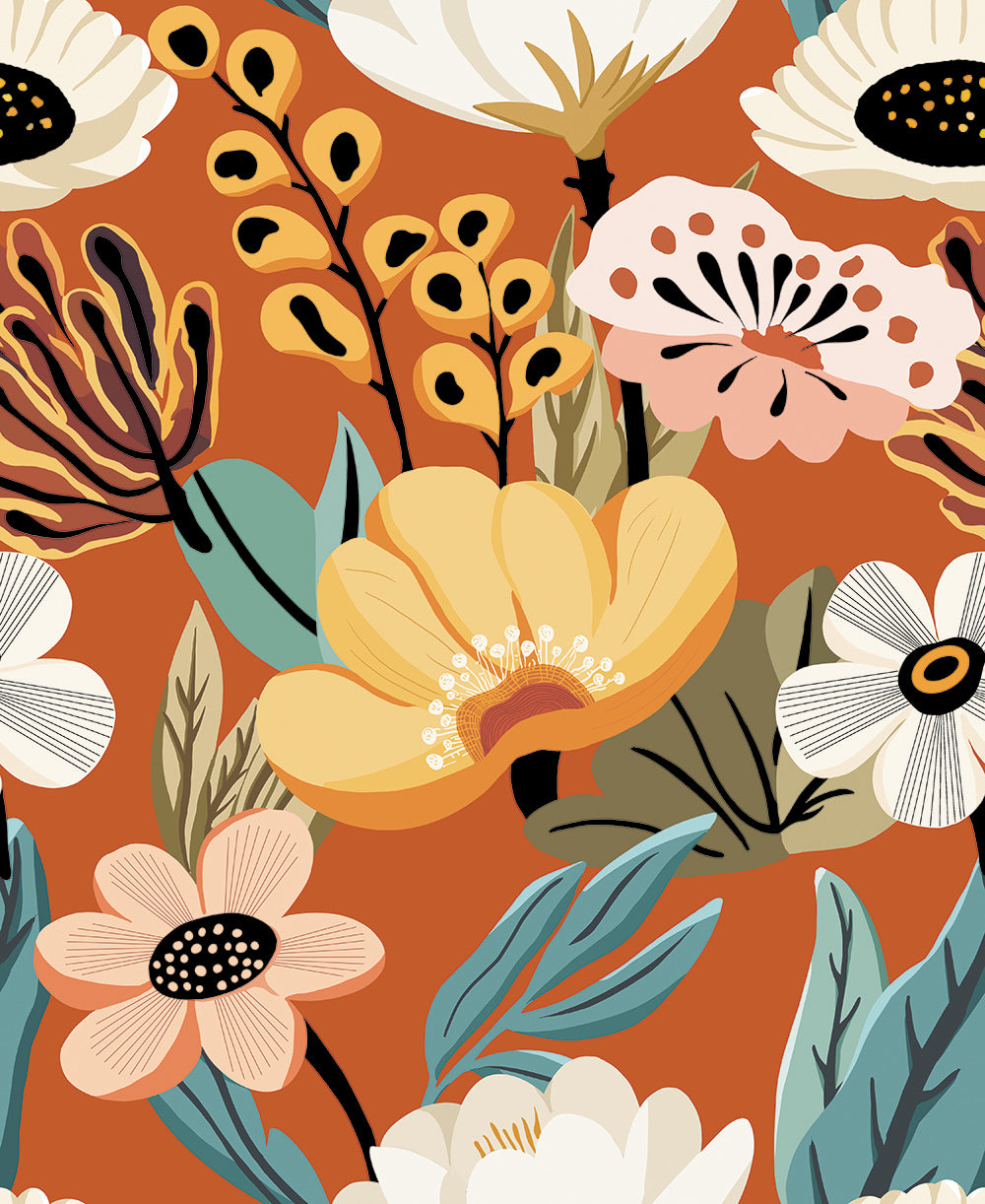 HaokHome neutral floral peel and stick wallpaper, terracotta orange boho wildflower removable wallpaper, light tone botanical wall decor for bedroom apartment rental
