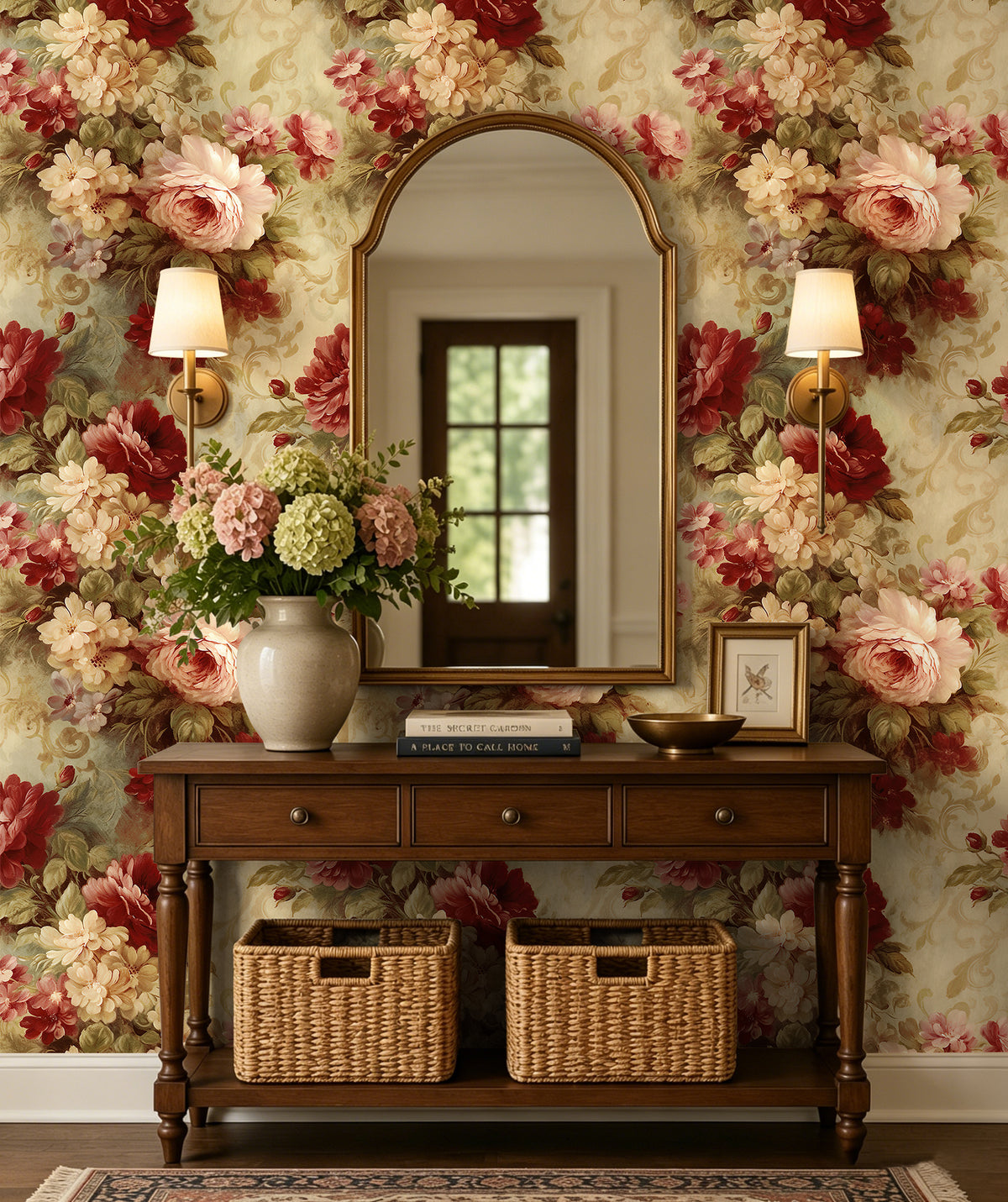HaokHome old fashioned rose self adhesive wallpaper for entryway console wall