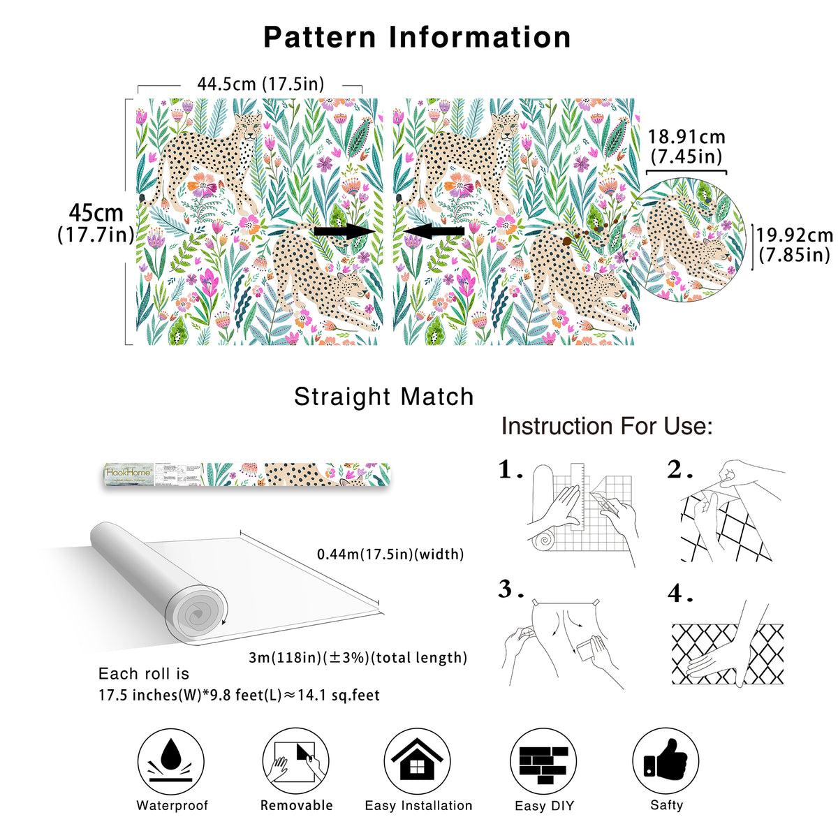HaokHome pastel leopard floral peel and stick wallpaper size, installation and feature info chart