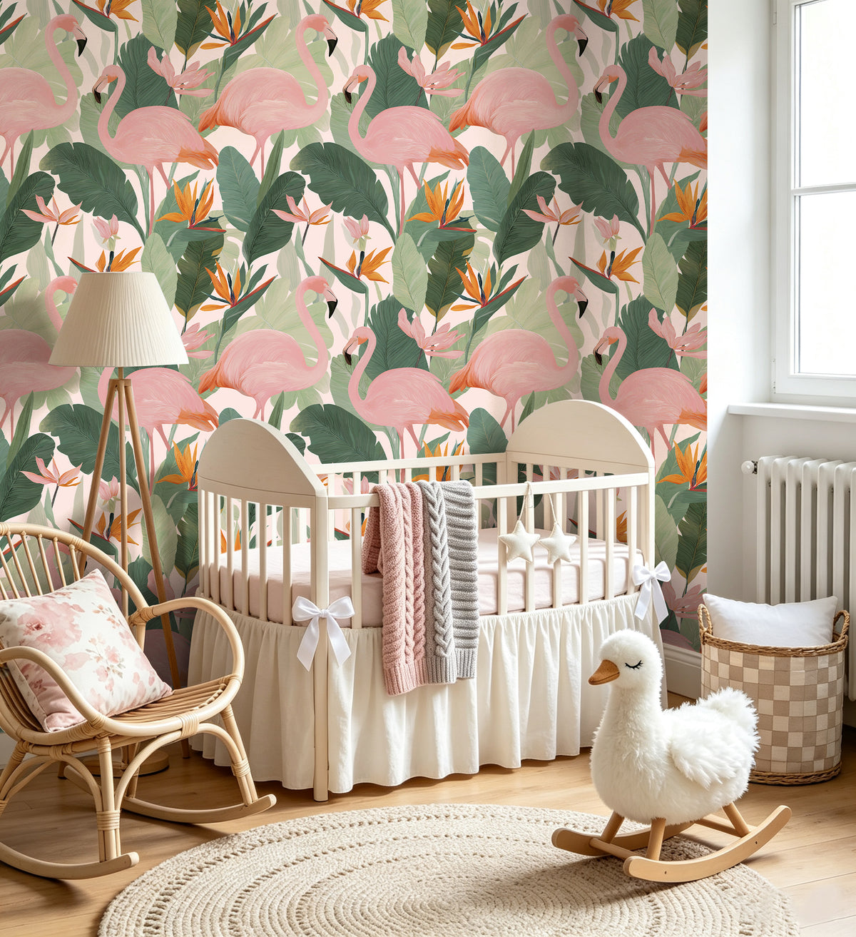 HaokHome playful flamingo botanical removable wallpaper for cheerful boho nursery bedroom