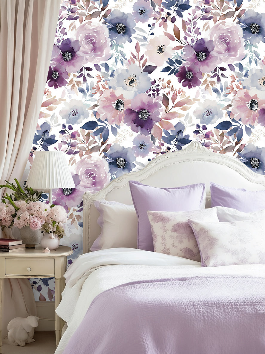 HaokHome purple watercolor floral removable wallpaper behind queen bed, elegant bedroom accent wall decor