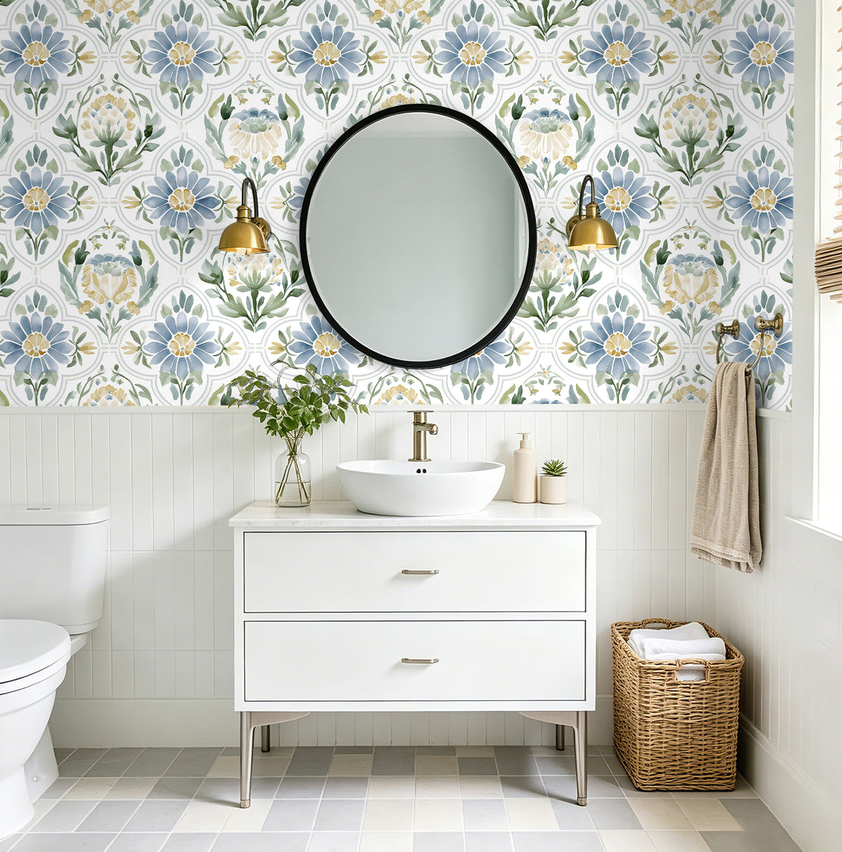HaokHome removable blue floral wallpaper in bathroom, rental‑friendly bathroom wall makeover