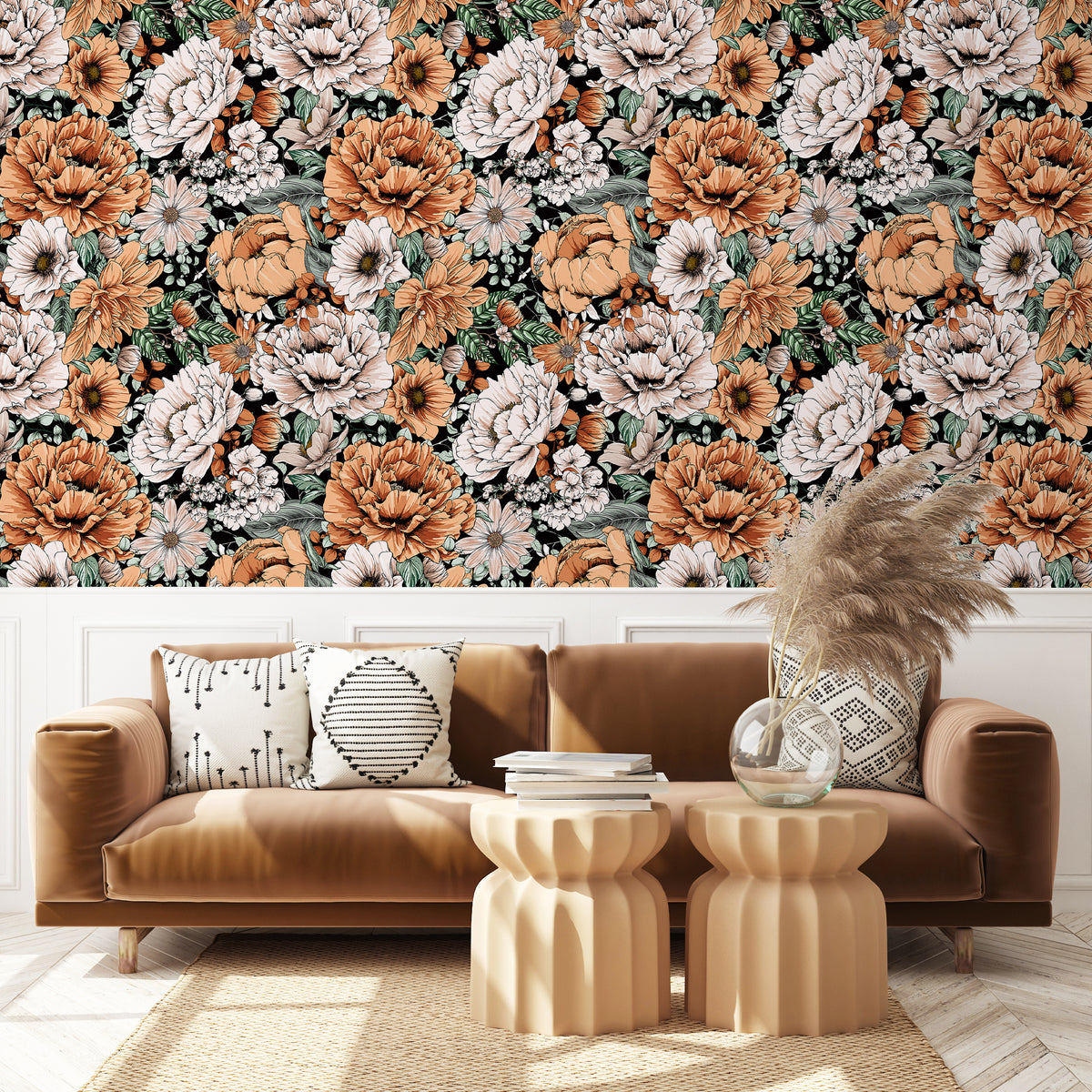 HaokHome retro large orange flower self adhesive wallpaper for living room wall decor