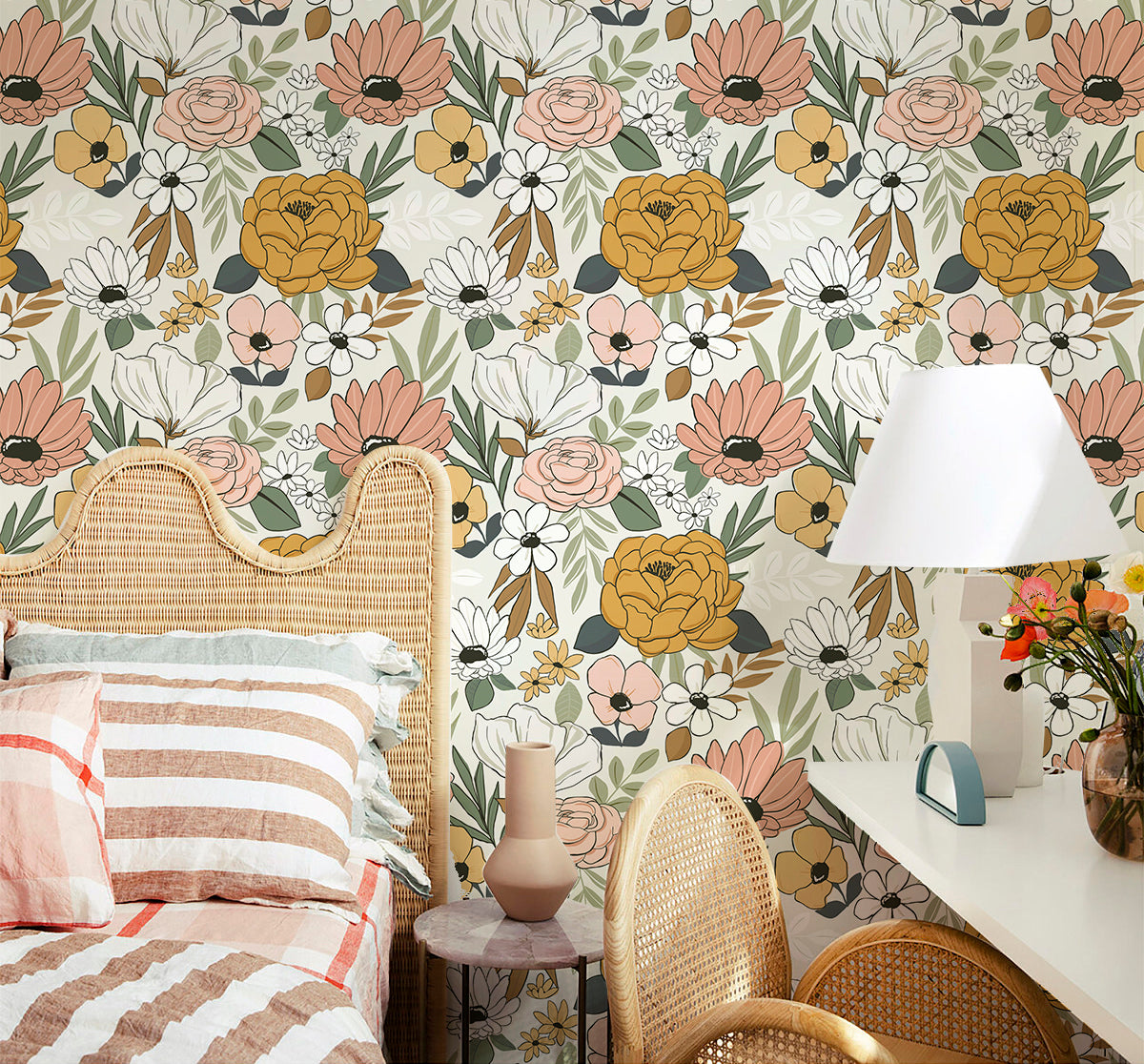 HaokHome retro yellow pink floral peel‑and‑stick wallpaper for boho cottage style bedroom accent wall