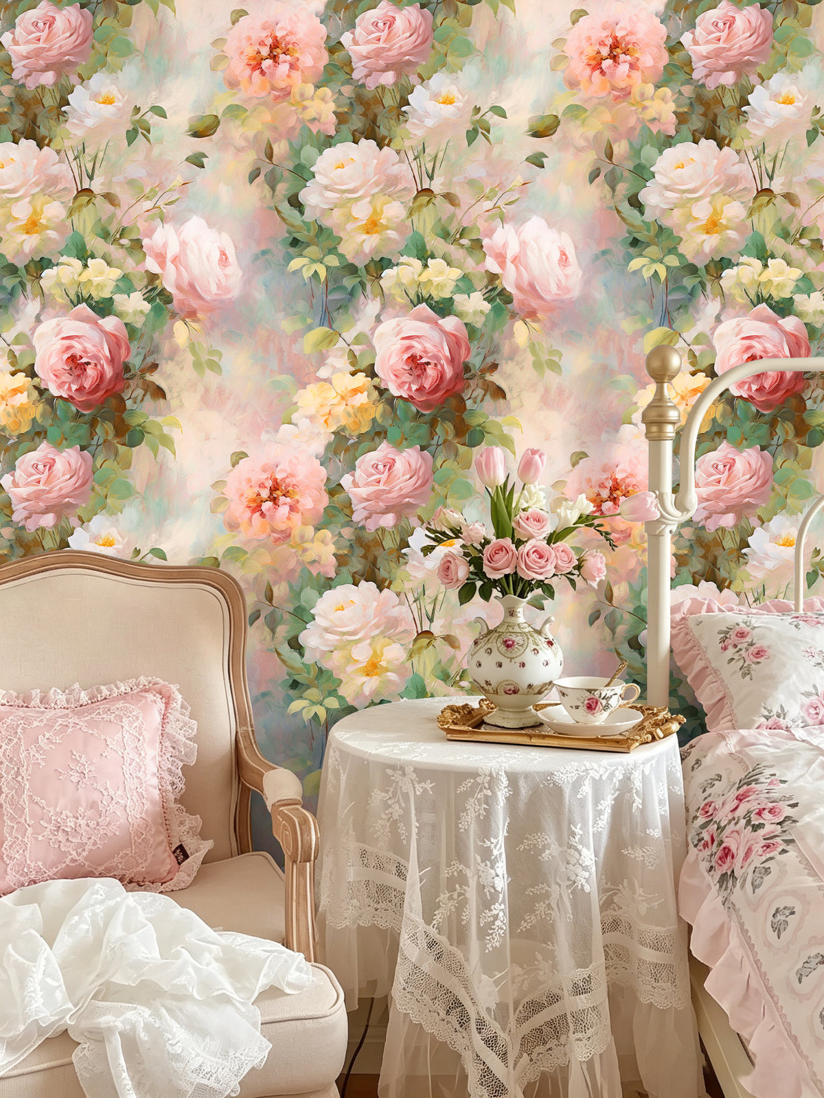 HaokHome romantic garden rose peel and stick wallpaper, floral accent wall for bedroom corner