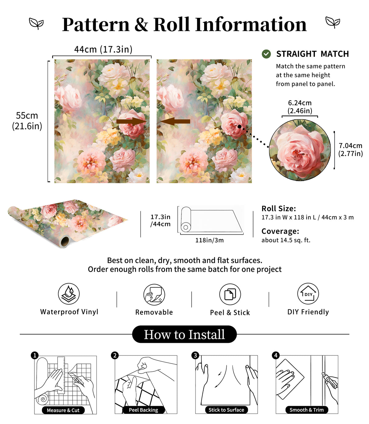 HaokHome rose peel and stick wallpaper product specification and installation guide chart