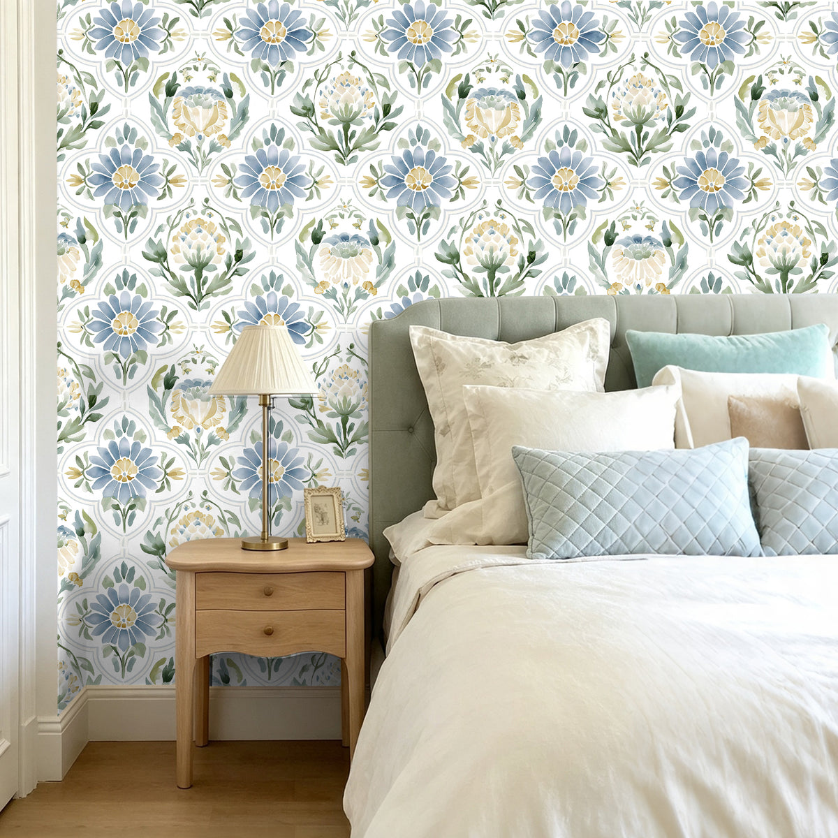 HaokHome soft blue floral removable wallpaper behind bed, elegant bedroom accent wall decor