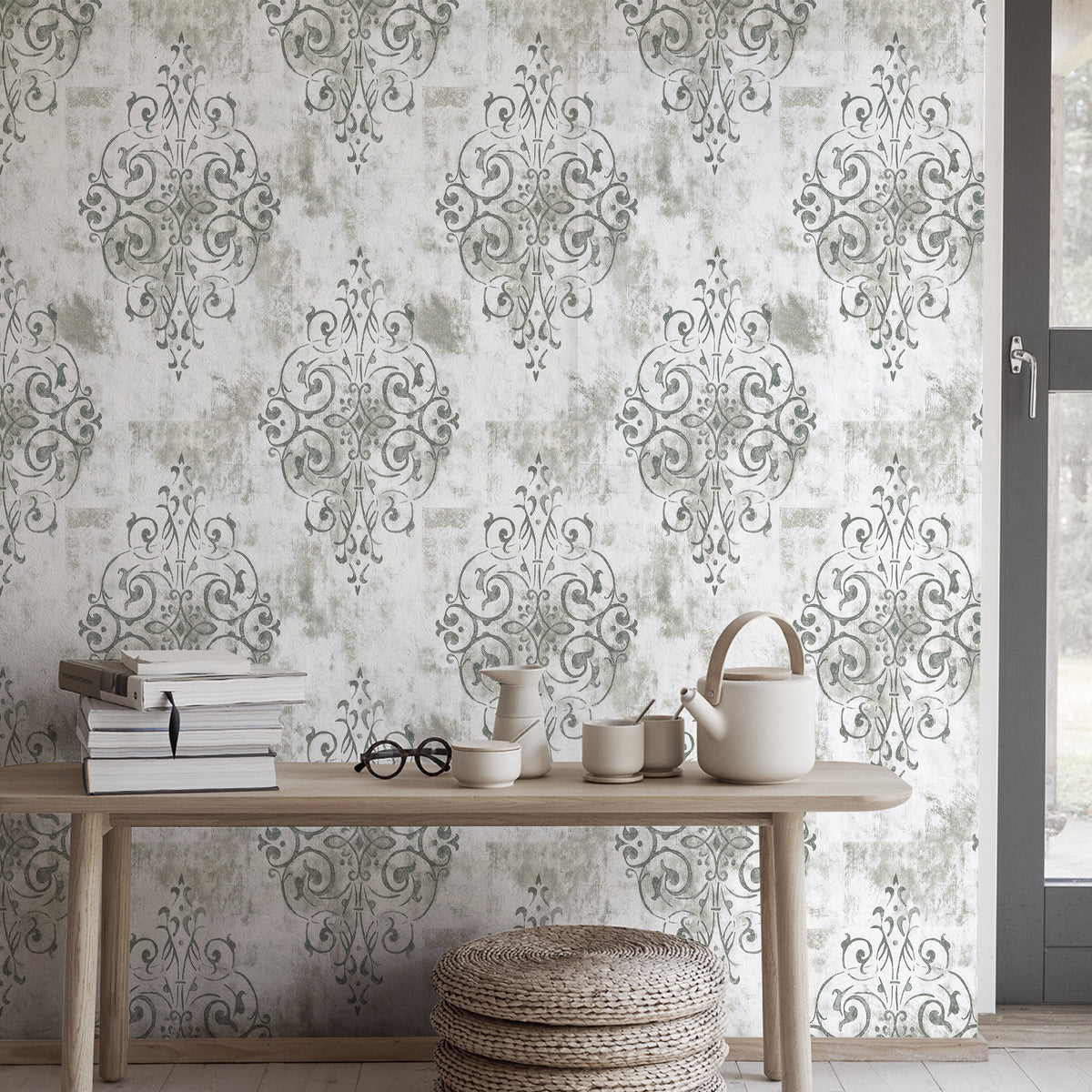 HaokHome soft grey damask peel and stick wallpaper, vintage textured wall for casual display nook