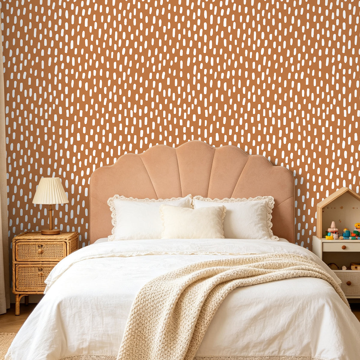 HaokHome terracotta dash peel and stick wallpaper, cozy boho master bedroom accent wall, warm earth tone bedroom makeover